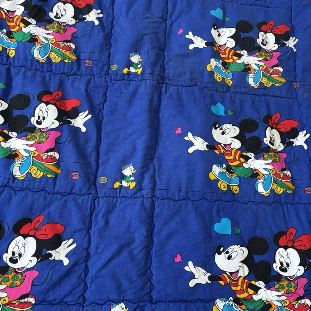 Vintage 90s Toddler Bed Blanket 40x47 Mickey Minnie Mouse Disney Gift Decor Blue
